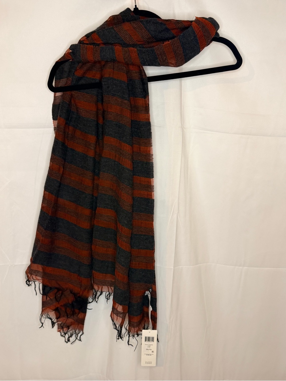 NWT Eileen Fisher Rust and Charcoal Fringe Scarf